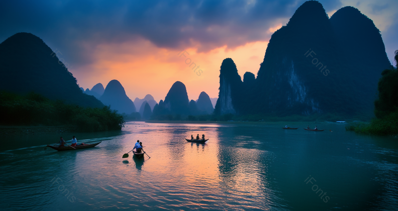 深蓝背景橙色霞光大气桂林山水晚霞,高清,摄影图,摄影图片,图片大全,摄影图免费下载
